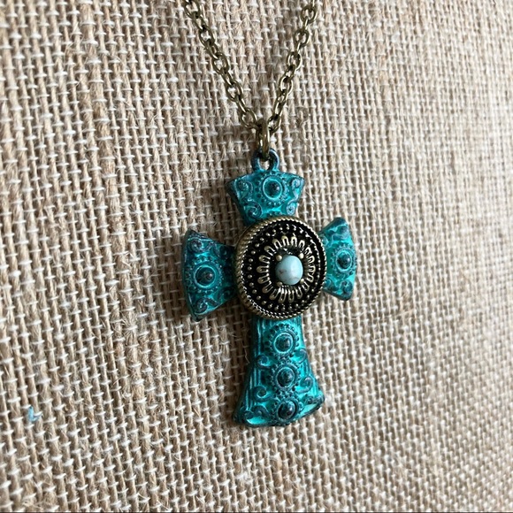 Turquoise Color Cross Necklace - Picture 2 of 6